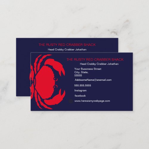 Red Crab Seafood Navy Blue White Simple Nautical Business Card