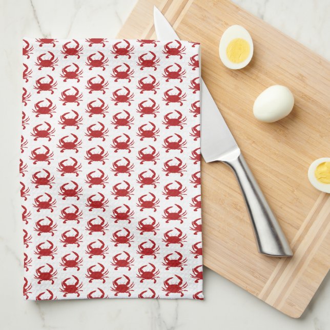 Red Crab Silhouette Monogram Pattern Beach Kitchen Towel (Quarter Fold)