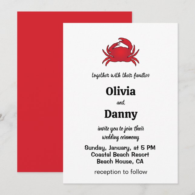 Red Crab Summer Coastal Beach Wedding Invitation (Front/Back)