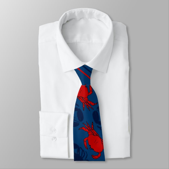 Red Crabs Navy Blue Lobsters Neck Tie (Tied)