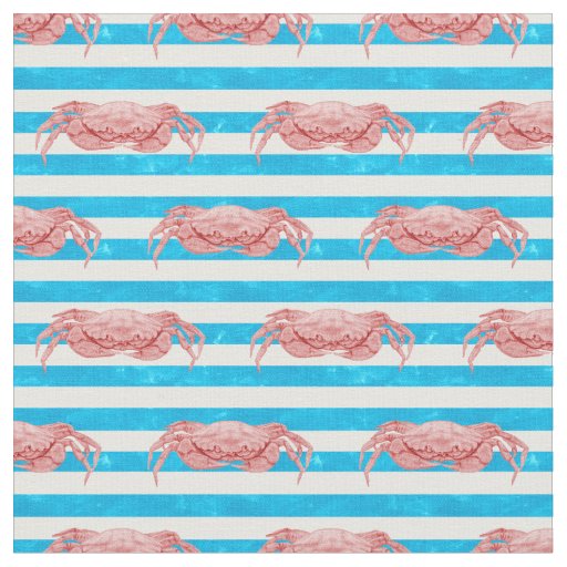 Red Crabs on Blue Stripes Coastal Fabric