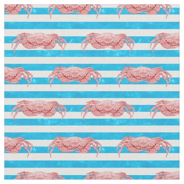 Red Crabs on Blue Stripes Coastal Fabric (Close Up)
