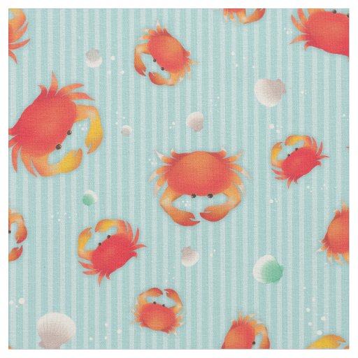Red Crabs & Sea Shells with Stripes Fabric