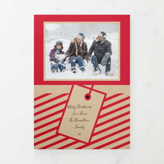Red Craft Paper Photo Personalized Christmas Tri-Fold Holiday Card (Cover)
