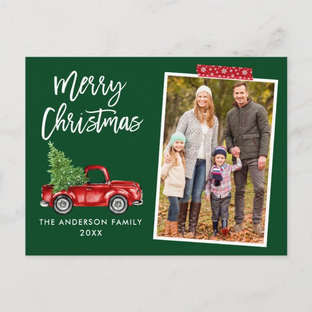 Red Craft Tape Brush Script Truck Christmas Postcard (Front)