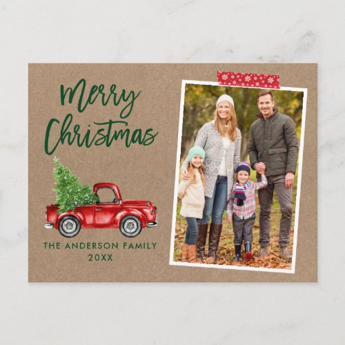 Red Craft Tape Brush Script Truck Kraft Christmas Postcard