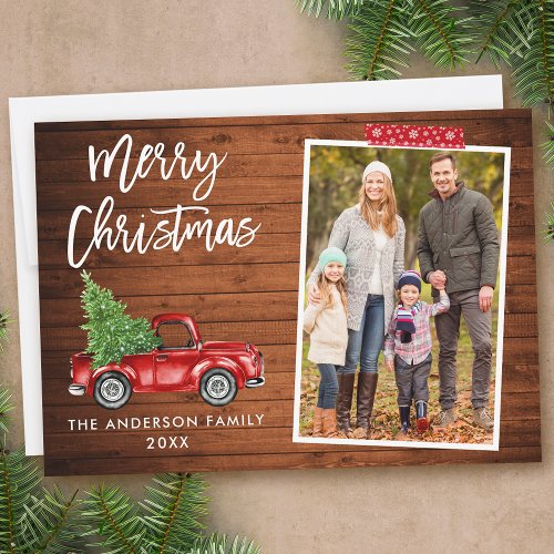 Red Craft Tape Brush Script Truck Wood Christmas Holiday Card