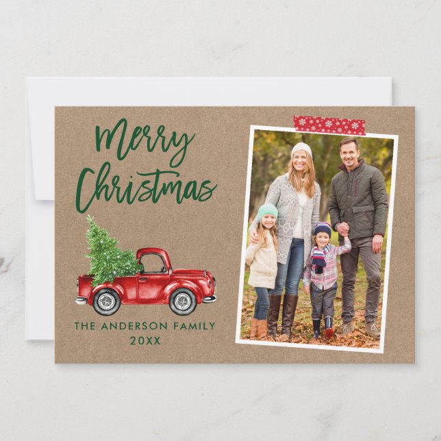 Red Craft Tape Truck Brush Script Kraft Christmas Holiday Card (Front)