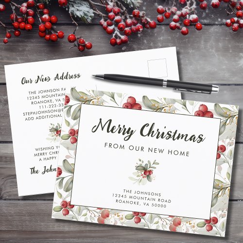 Red Cranberries Christmas Greenery New Home   Announcement Postcard