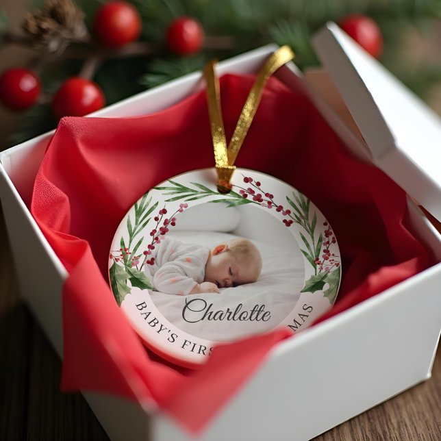 Red Cranberry Foliage Baby's First Christmas Photo Ceramic Ornament (Red Cranberry Foliage Baby's First Christmas Photo Ceramic Ornament)