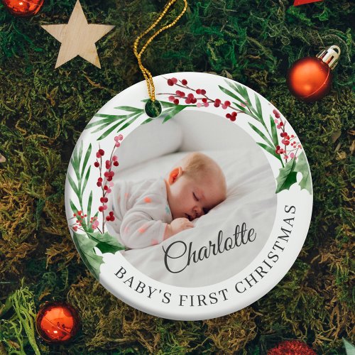 Red Cranberry Foliage Babys First Christmas Photo Ceramic Ornament
