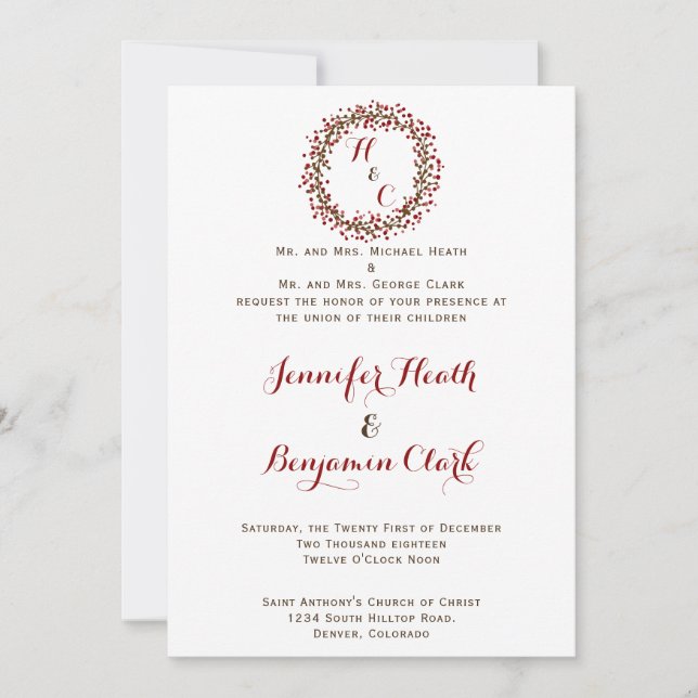 Red Cranberry Wreath Wedding Invitation (Front)