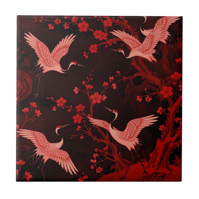Red Crane Cherry Blossom Chinoiserie Pattern Ceramic Tile (Front)