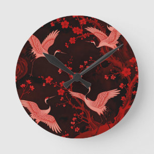 Red Crane Cherry Blossom Chinoiserie Pattern Round Clock