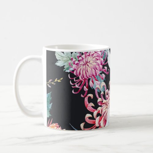 Red Crane Chrysanthemum Watercolor Pattern Coffee Mug
