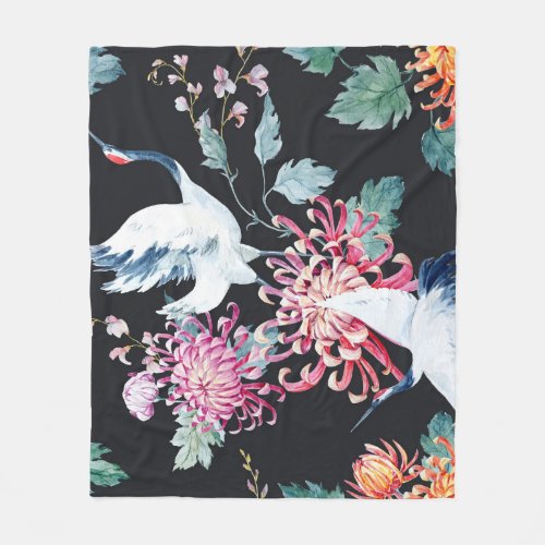 Red Crane Chrysanthemum Watercolor Pattern Fleece Blanket