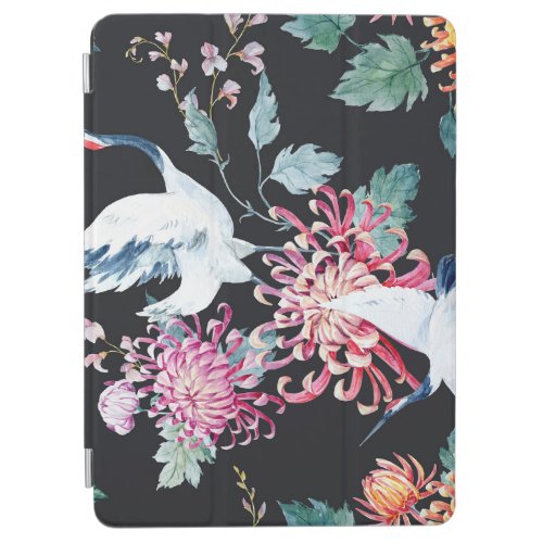 Red Crane Chrysanthemum Watercolor Pattern iPad Air Cover