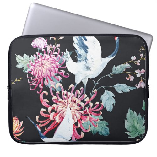 Red Crane Chrysanthemum Watercolor Pattern Laptop Sleeve