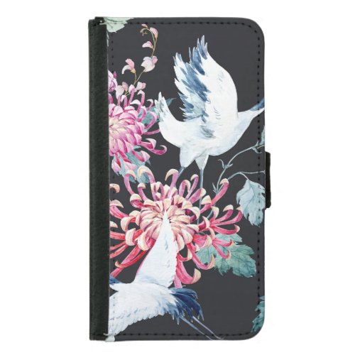 Red Crane Chrysanthemum Watercolor Pattern Samsung Galaxy S5 Wallet Case
