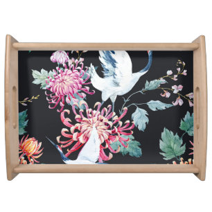 Red Crane Chrysanthemum Watercolor Pattern Serving Tray