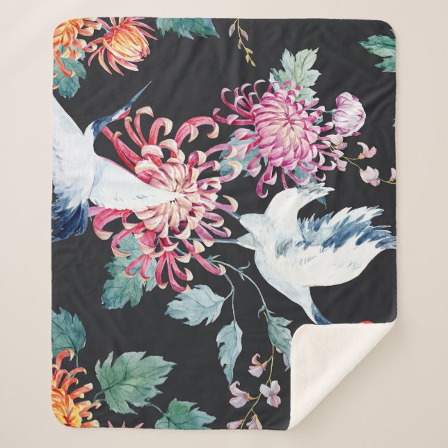 Red Crane Chrysanthemum Watercolor Pattern Sherpa Blanket (Front)