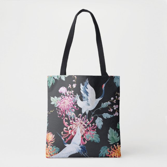 Red Crane Chrysanthemum Watercolor Pattern Tote Bag (Front)