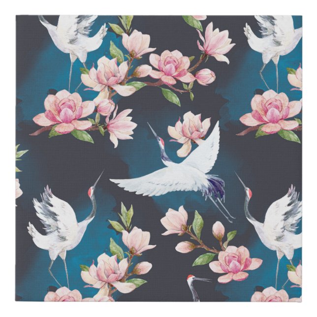 Red Crane Magnolia: Japanese Watercolor. Faux Canvas Print (Front)