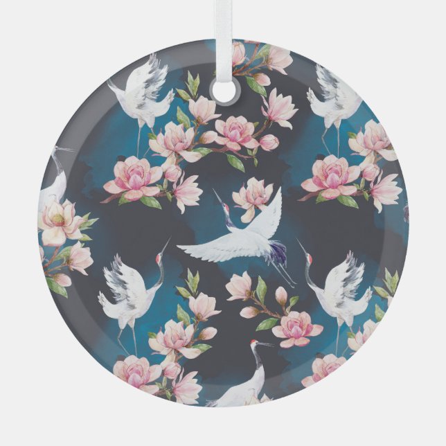 Red Crane Magnolia: Japanese Watercolor. Glass Ornament (Front)