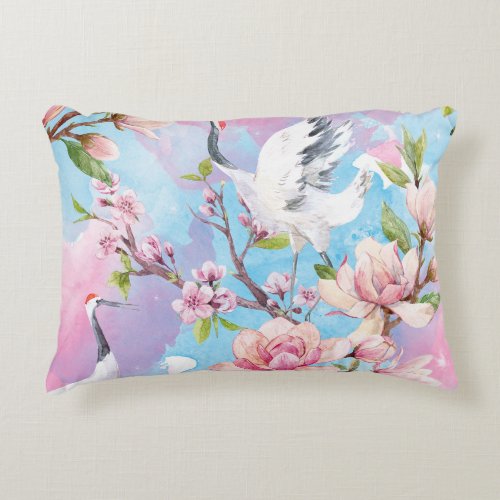 Red Crane Watercolor Japanese Motif Accent Pillow