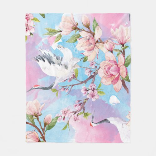 Red Crane Watercolor Japanese Motif Fleece Blanket