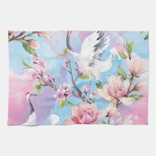 Red Crane Watercolor Japanese Motif Kitchen Towel