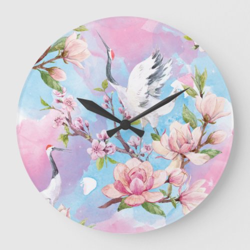 Red Crane Watercolor Japanese Motif Large Clock