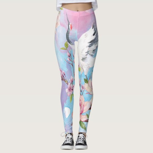 Red Crane Watercolor Japanese Motif Leggings