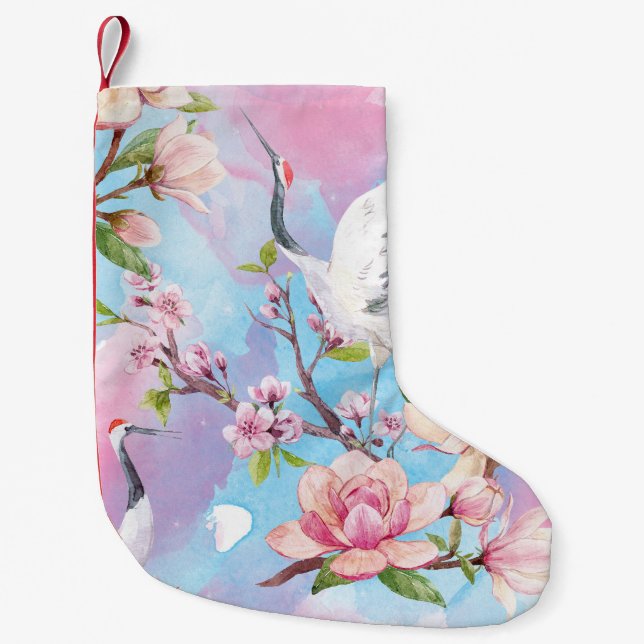 Red Crane Watercolor Japanese Motif Small Christmas Stocking (Front)