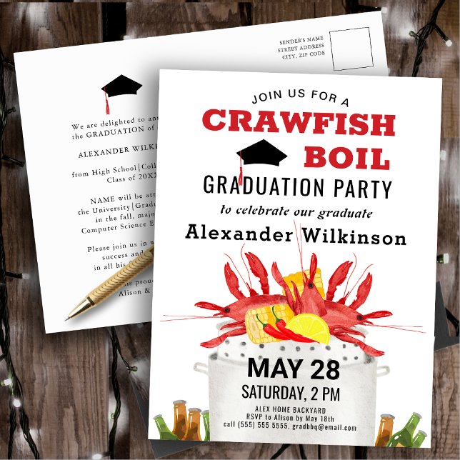 Red Crawfish Boil Graduation Party Invitation Postcard (Creator Uploaded)