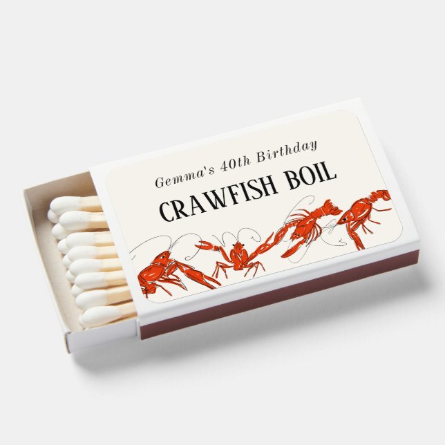 Red Crawfish Boil Seafood Birthday Party Matchboxes (Front Open)