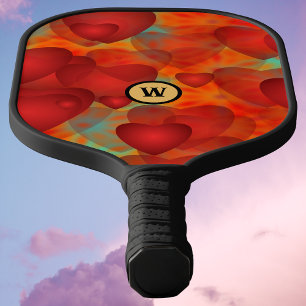 Red Crazy Hearts on Turquoise and Monogram Initial Pickleball Paddle