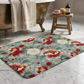 Red, Cream and Green Floral Chinoiserie Bath Mat