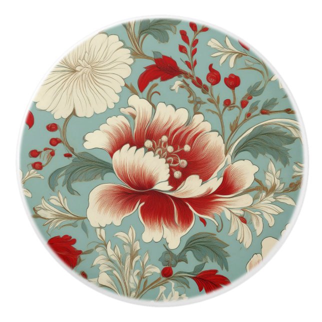 Red, Cream and Green Floral Chinoiserie Ceramic Knob (Front)