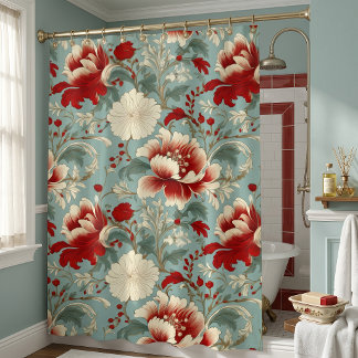 Red, Cream and Green Floral Chinoiserie Shower Curtain