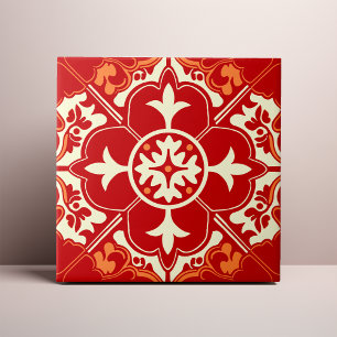 Red Cream and Orange Azulejo Mandala Ceramic Tile