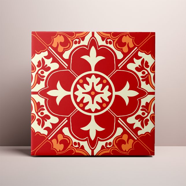 Red Cream and Orange Azulejo Mandala Ceramic Tile (Creator Uploaded)