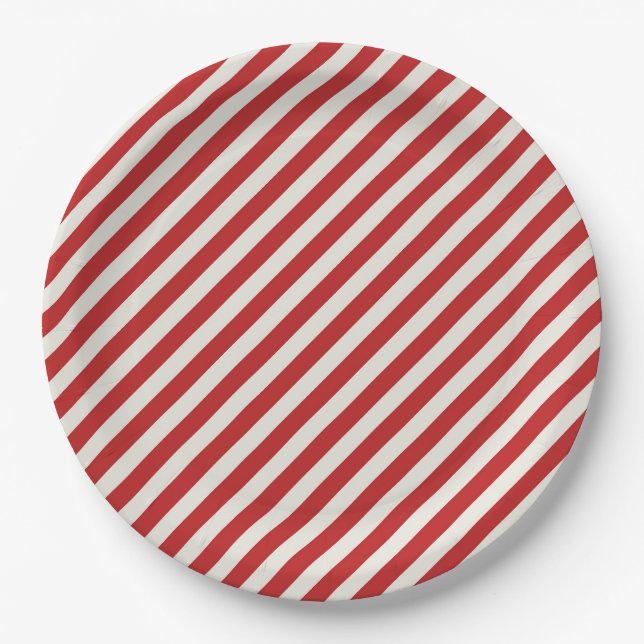 Red & Cream Beige White Stripe Christmas Holiday  Paper Plates (Front)