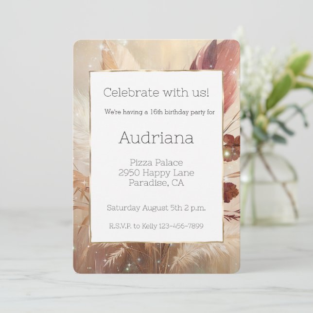  Red Cream Boho Feather Floral 16th Birthday Invitation (Standing Front)
