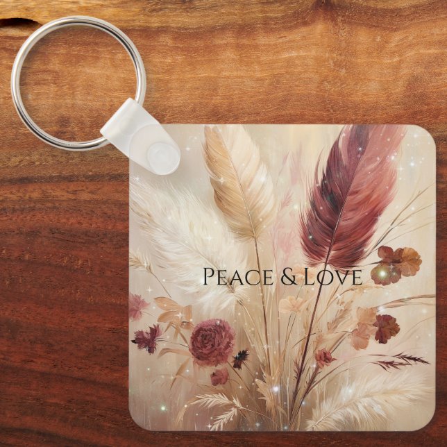 Red Cream Boho Feather Floral Keychain (Front)