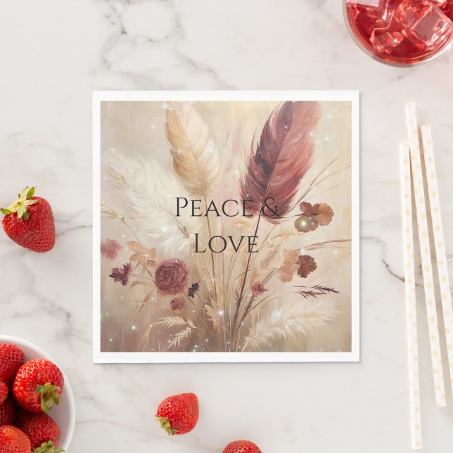 Red Cream Boho Feather Floral Napkins (Insitu)