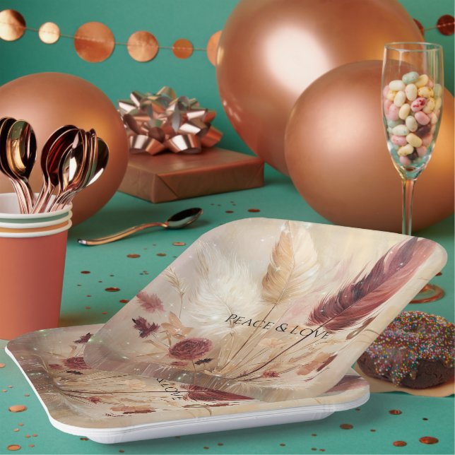 Red Cream Boho Feather Floral Paper Plates (Multi)