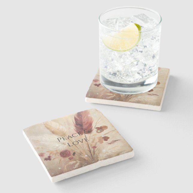 Red Cream Boho Feather Floral Stone Coaster (Side)