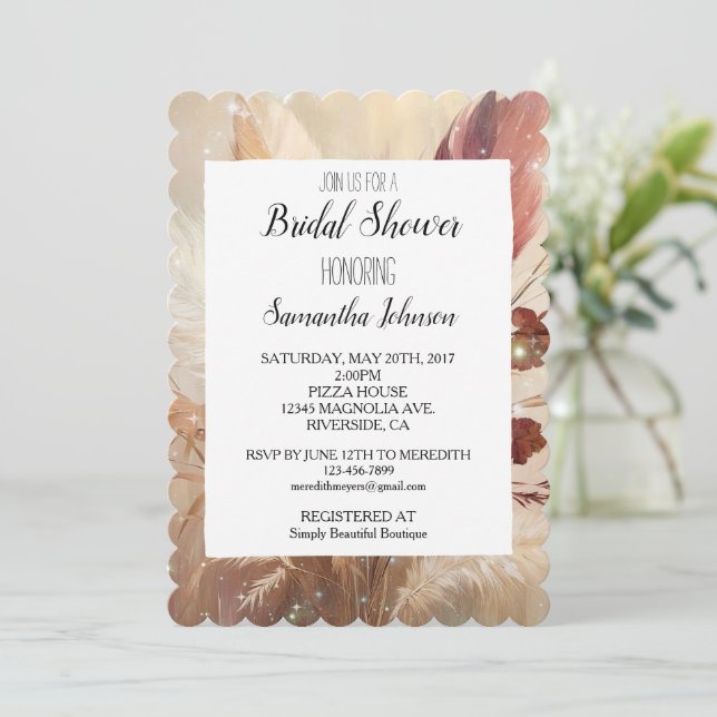 Red Cream Boho Feathers Floral Bridal Shower Invitation (Standing Front)