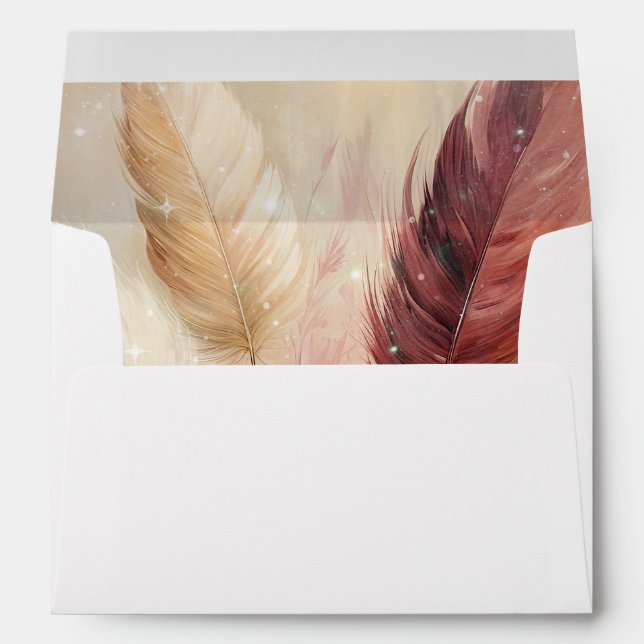 Red Cream Boho Feathers Floral Wedding Envelope (Back (Bottom))